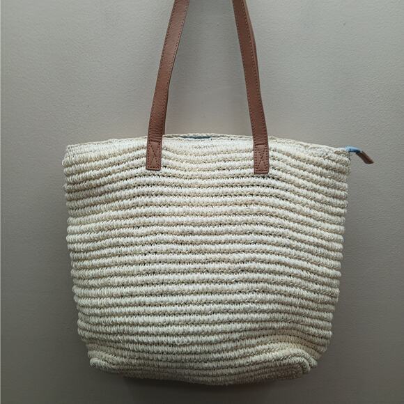 Talbots Leather Trim Straw Shoulder Tote Bag Boho Beach Vacation Coastal Cruise - Picture 13 of 15